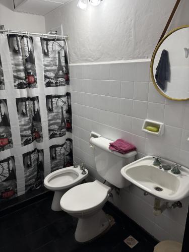 a bathroom with a toilet and a sink and a mirror at Jerarquizado M Rentals in Santiago del Estero