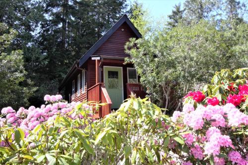 a small house with pink flowers in front of it at Great Cabin In Close To Walking Trails And Beaches - 13T in Ucluelet
