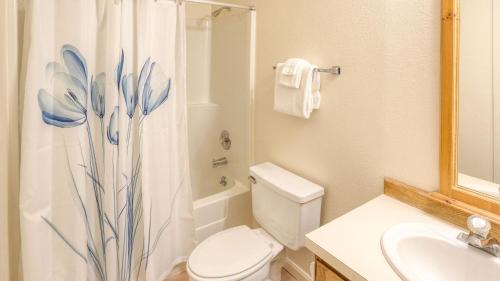 a bathroom with a toilet and a shower curtain at Cimarron Lodge 50 by AvantStay Ski-InSki-Out Property in Complex w Two Hot Tubs in Telluride