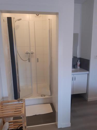 a shower with a glass door in a bathroom at B&B Casa Mama in Brugge in Bruges