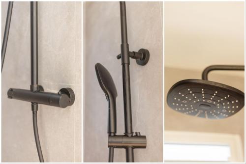 two pictures of a shower head and a fan at Orient Bay Studio SABA Face à la Mer in Cul de Sac