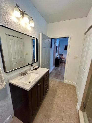 a bathroom with a sink and a large mirror at Suite Villa Roman in Tampa