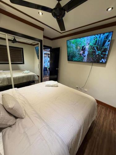 a bedroom with a bed and an aquarium on the wall at Millenium Star in Mendoza