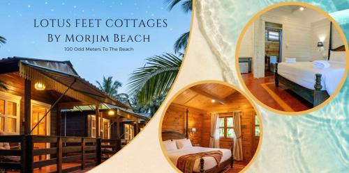 a collage of images of a hotel room at Lotus Feet Cottages, 100 Odd Meters from Morjim Beach in Morjim