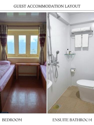 two pictures of a bathroom with a toilet and a sink at Mountain View Lodge - 1 Minute from Lukla Airport in Lukla