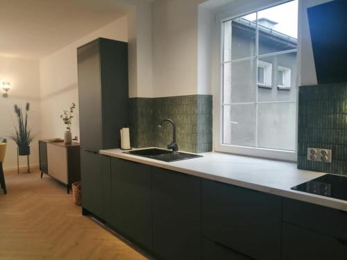 a kitchen with a sink and a window at Gemütlich & stilvoll in Tuchola