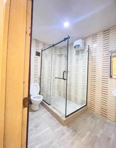 a bathroom with a shower and a toilet at Oasis hotel and suites in Lagos