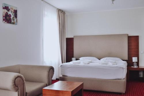 a bedroom with a bed and a couch and a table at Hotel Dennis in Mediaş