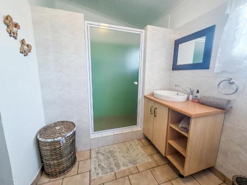 a bathroom with a sink and a glass shower at Die Suidwester Gastehuis in Parys