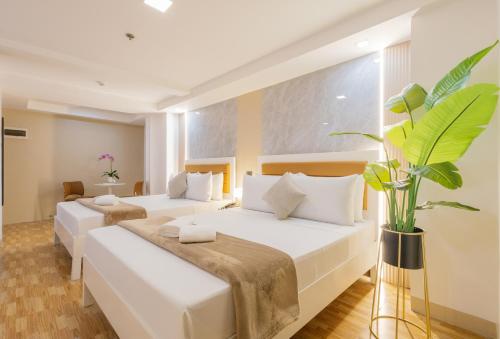 two beds in a hotel room with a plant at Skypark Bay Hotel in Manila
