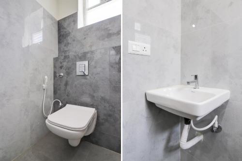 two pictures of a bathroom with a toilet and a sink at Super Collection O Vanasthalipuram in Hyderabad