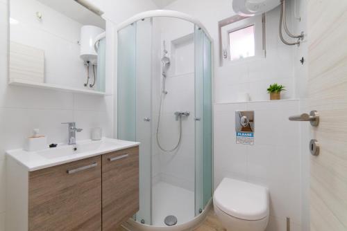a bathroom with a shower and a toilet and a sink at Nikola studio in Božava