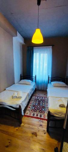 a bedroom with two twin beds and a window at AnaVino in Kvareli