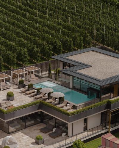 vue aérienne d'une maison avec piscine dans l'établissement Das Paradies, à Laces