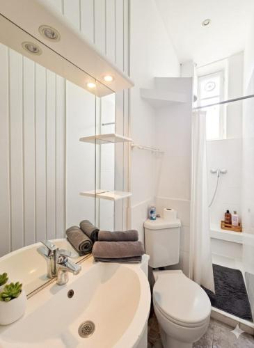 a white bathroom with a sink and a toilet at Appart de charme, centre Vichy, Thermes in Vichy