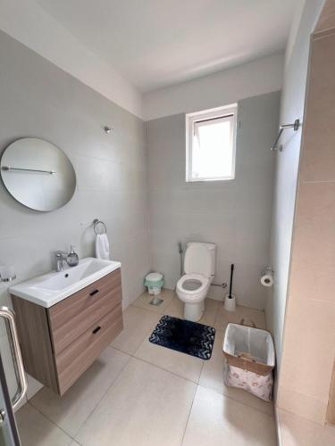 a bathroom with a toilet and a sink and a mirror at Sharz Cozy studio - Westlands in Nairobi