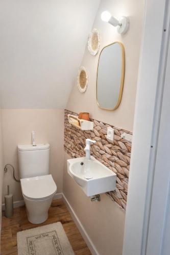 a bathroom with a sink and a toilet and a mirror at Silvarium Kaszuby Domek Sosna in Stężyca