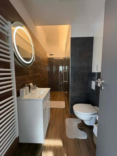a bathroom with a toilet and a sink and a mirror at H&H Apartman in Fonyód