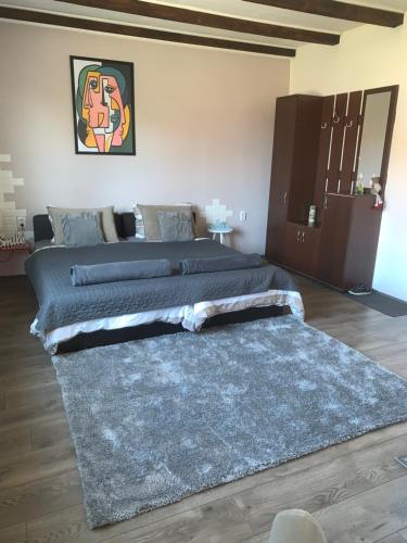 a bedroom with two beds and a rug at Alex Lodge in Zrenjanin