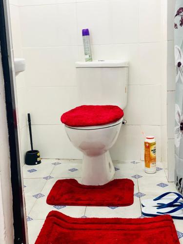 a bathroom with a toilet with a red lid and two rugs at CLASSIC BNBs MILIMANI in Kisumu