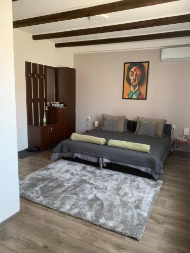 a bedroom with two beds and a rug at Alex Lodge in Zrenjanin