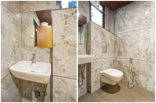 two pictures of a bathroom with a sink and a toilet at Hotel O Mahakal Temple Formerly Shivangam in Ujjain