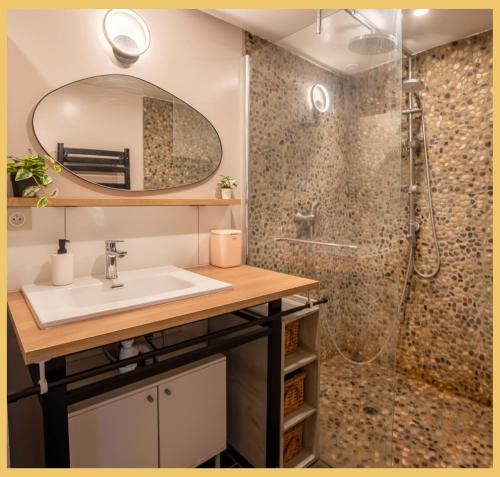 a bathroom with a sink and a shower at Maison Méserier I T3 I Publier in Publier