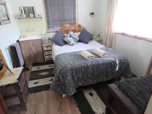 a small bedroom with a bed and a sink at Alpaca Self Catering Cottage Kleinmond in Kleinmond