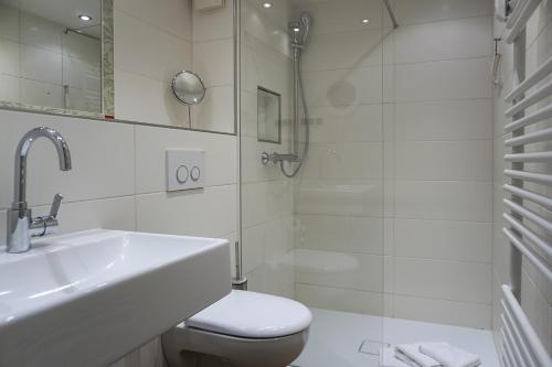 a bathroom with a sink and a toilet and a shower at Lister Tor 13 in List