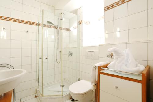 a bathroom with a shower and a toilet and a sink at Strandresidenz Timmendorfer Strand Seglernest in Timmendorfer Strand