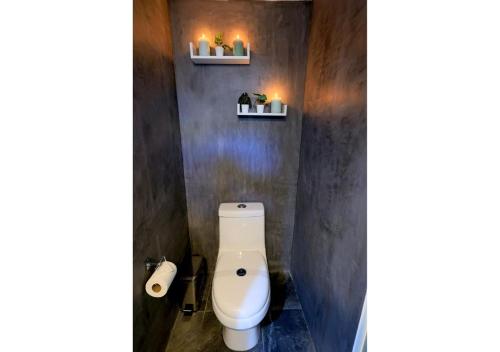 a bathroom with a toilet and two shelves on the wall at Tulipán Azul Depa Renovado 2 Recámaras in Oaxaca City