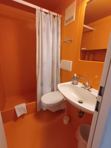 a bathroom with a toilet and a sink at Hotel am Lärchenberg in Schirgiswalde