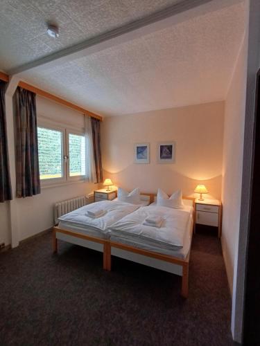 a bedroom with a bed with two lamps on two tables at Hotel am Lärchenberg in Schirgiswalde