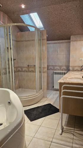 a bathroom with a shower and a tub and a sink at Maison de ville duplex TULLE in Tulle