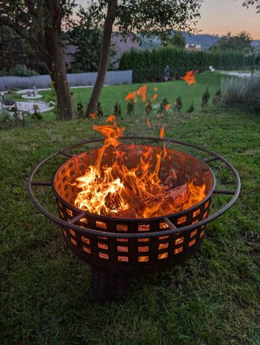 a fire pit in the grass in a field at Jizerská Pohoda in Bohdalovice
