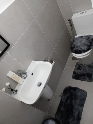 a bathroom with a white sink and a toilet at Casa Joseph in Aga