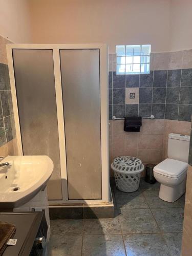 a bathroom with a shower and a toilet and a sink at Le Palmier C10 in Flic-en-Flac