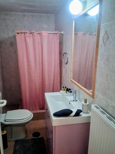 a bathroom with a sink and a pink shower curtain at Aianteio Square Resort -SPA in Aiándion