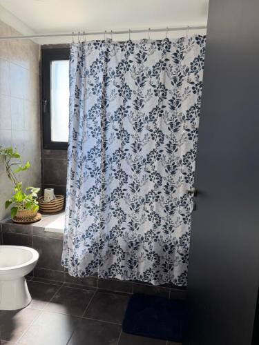 a bathroom with a blue and white shower curtain at Los Recoletos in Villa Mercedes