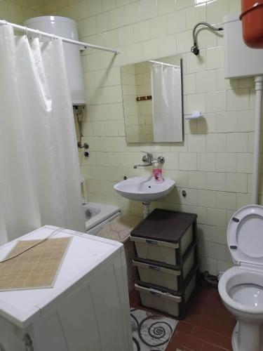a bathroom with a sink and a toilet and a mirror at Apartment TiBi in Kumanovo