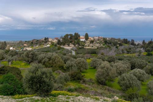 an aerial view of a village on a hill with trees at Amnia Villas with Private Pool in Kapsalianá