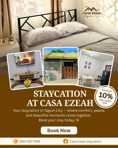 a flyer for a store with a bed and a house at Casa Ezeah Tagum Staycation in Tagum