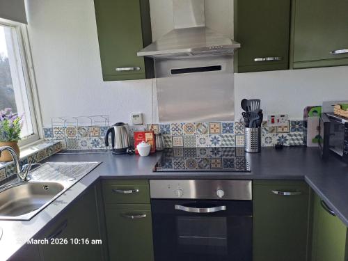 a kitchen with green cabinets and a sink and a stove at Marys Garden View North in Jedburgh