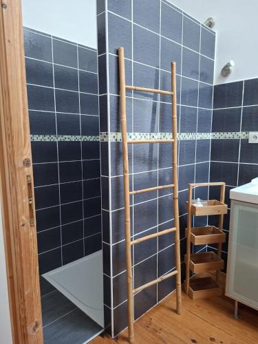 a bathroom with black tiled walls and wooden shelving at La Mirabelle in Montazeau