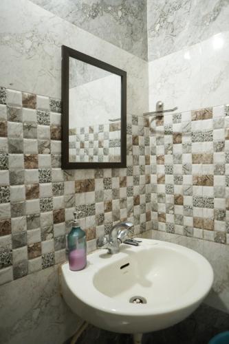 a bathroom with a sink and a mirror at Hotel Majestica 22 in Chandīgarh