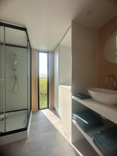 a bathroom with a glass shower and a sink at Tiny House du Gad Bourgeois in Chièvres