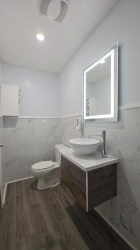 a bathroom with a sink and a toilet and a mirror at Southington Motor Lodge in Southington