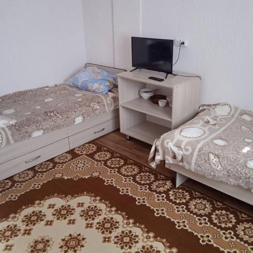 a bedroom with two beds and a tv and a rug at Лазурит in Tamga