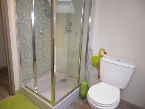 a shower stall in a bathroom with a toilet at Gîte de campagne Dromard in Sancey-le-Grand