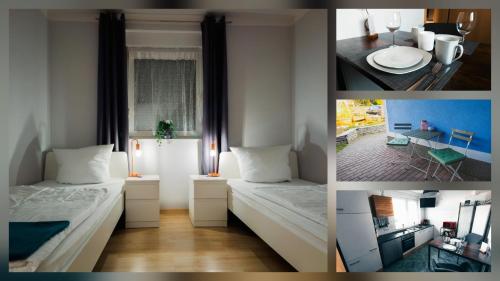 a collage of pictures of a room with two beds and a window at Ferienwohnung Nauen in Nauen